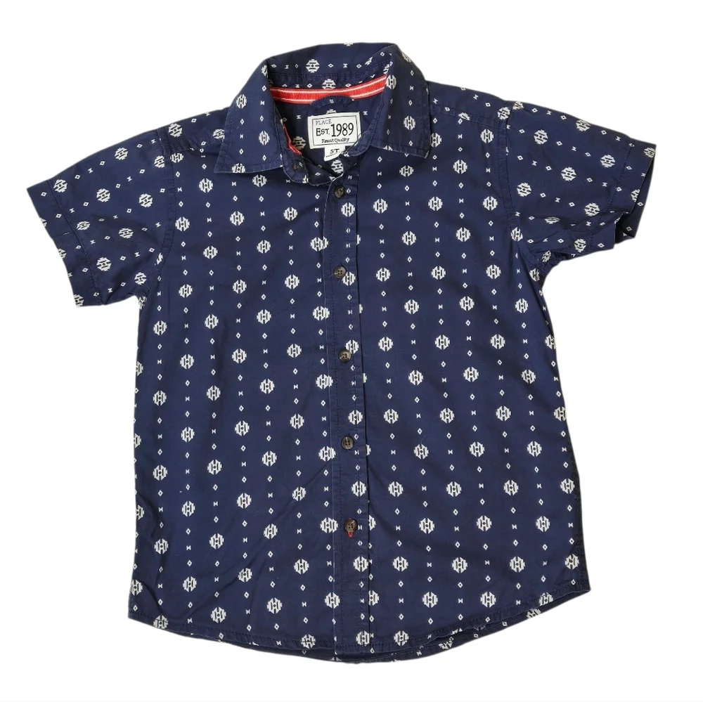 The Children's Place Dark Blue Geometric Print Short Sleeve Button Down 5T